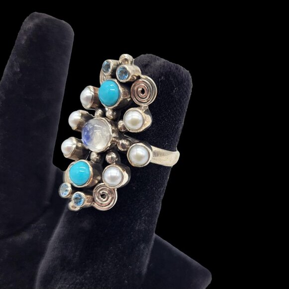 Nicky Butler Sz 7.5 Turquoise Gems Pearl Scroll Ring .925 Sterling Silver Size - Picture 3 of 9